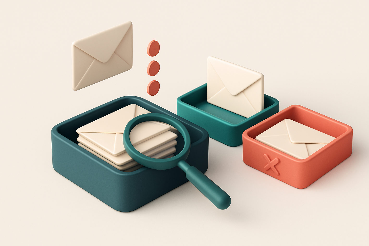 An isometric email inbox with envelopes being sorted onto a green 'valid' tray and a red 'invalid' tray, a magnifying gl