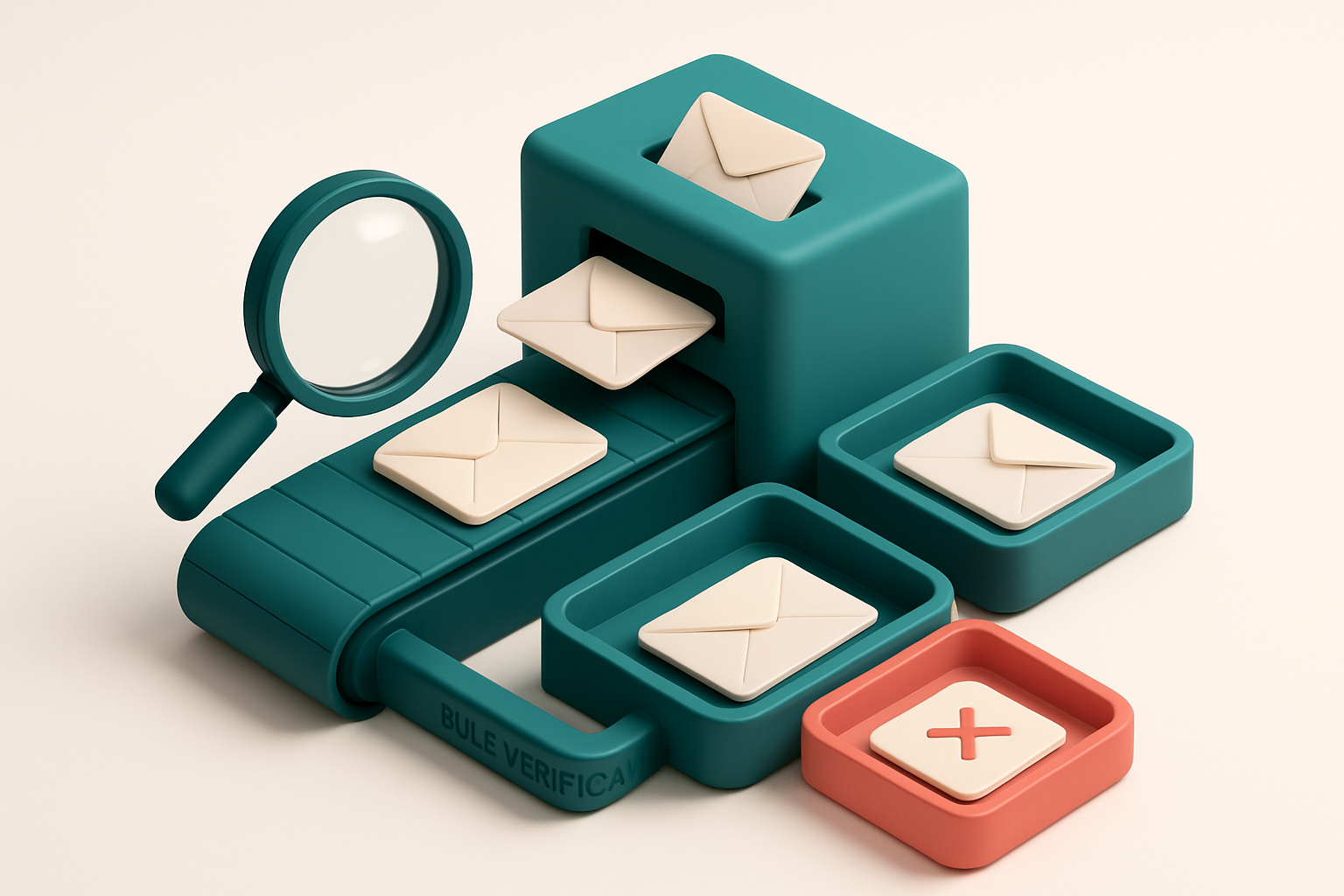 an isometric email inbox with envelopes being sorted onto a green 'valid' tray and a red 'invalid' tray, a magnifying gl