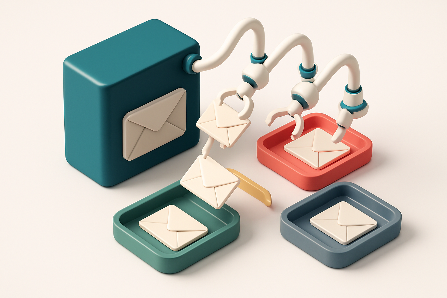 An isometric email inbox with envelopes labeled 'valid,' 'invalid,' 'risky,' and 'disposable' being routed by mechanical