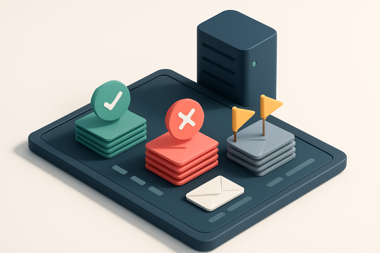 Hero: an isometric travel booking dashboard with three stacks: a green 'valid' stack of envelopes, a red 'invalid' stack