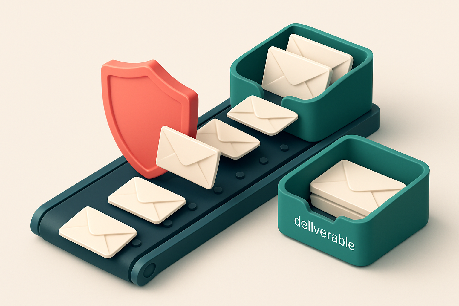 an isometric inbox with hundreds of envelopes arriving on a conveyor belt; some labeled 'invalid' or 'catch-all' are bei