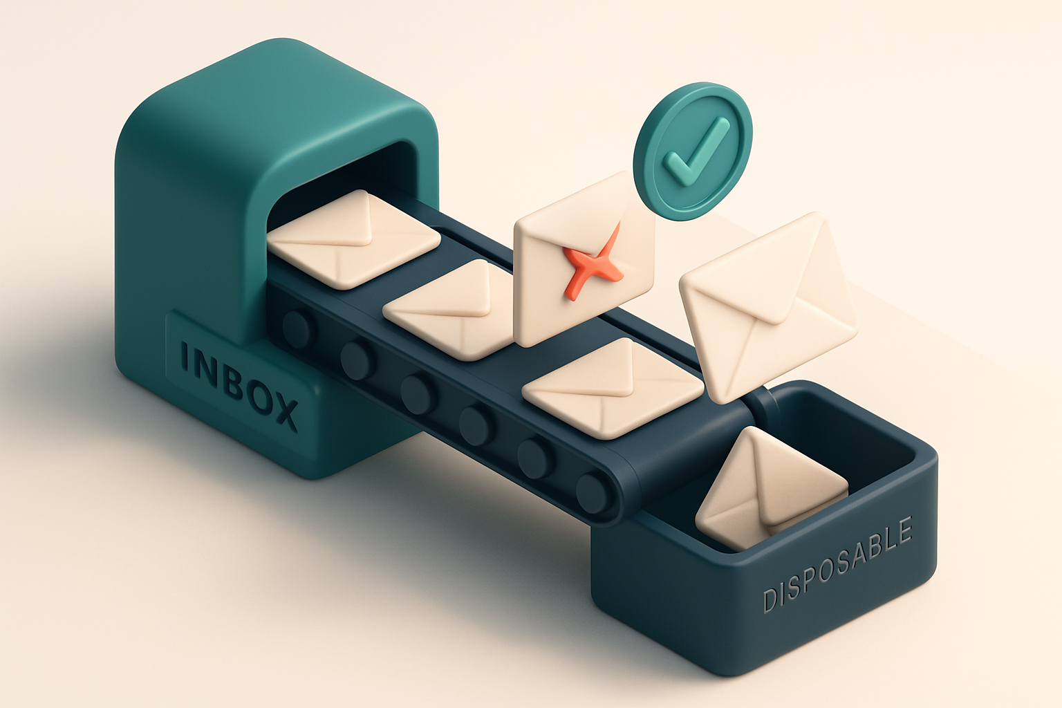 an isometric email inbox with a conveyor belt delivering envelopes; some envelopes are checked by a green 'valid' stamp,