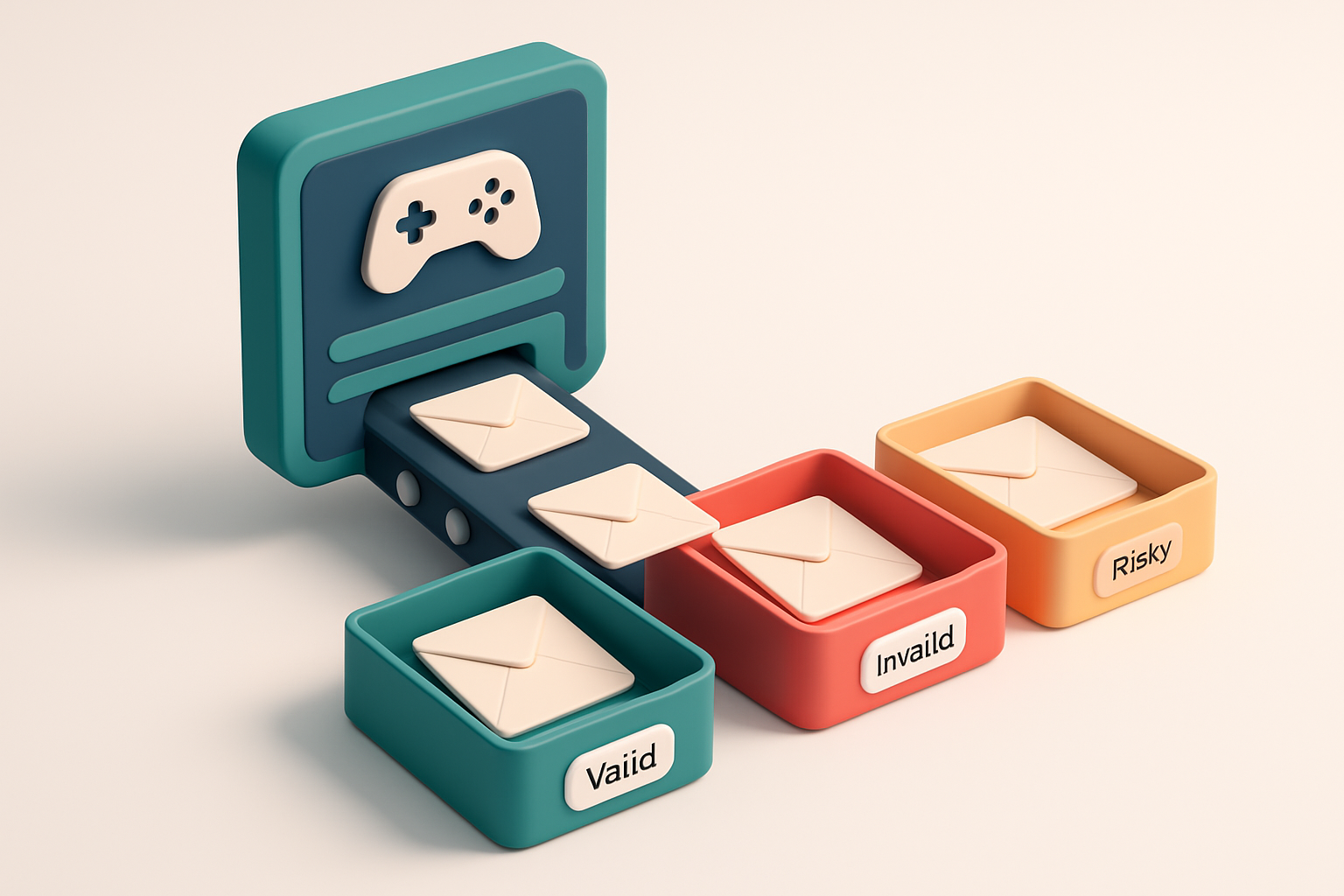 An isometric email inbox with envelopes sorted into three trays: a green 'valid' tray, a red 'invalid' tray, and a yello