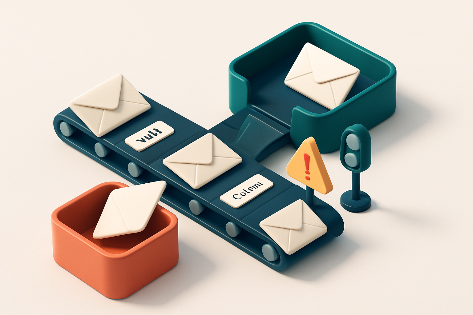 An isometric 3D scene of a newsroom inbox with envelopes labeled 'valid', 'catch-all', and 'invalid' being routed along