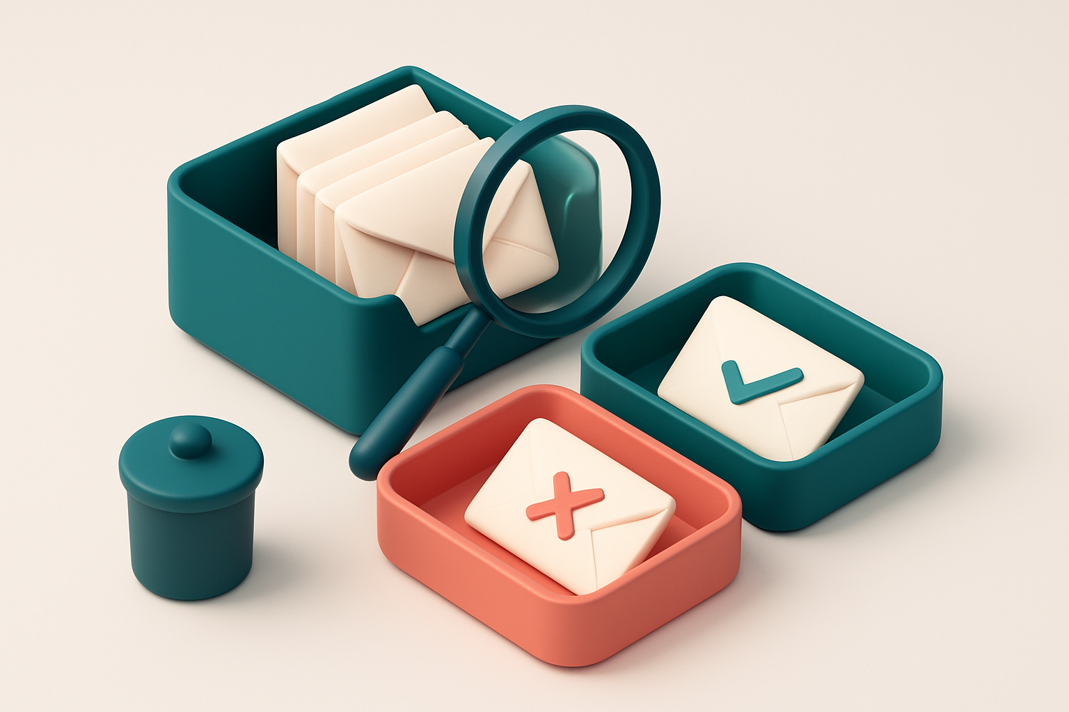 An isometric email inbox with envelopes being sorted onto a green 'valid' tray and a red 'invalid' tray, a magnifying gl