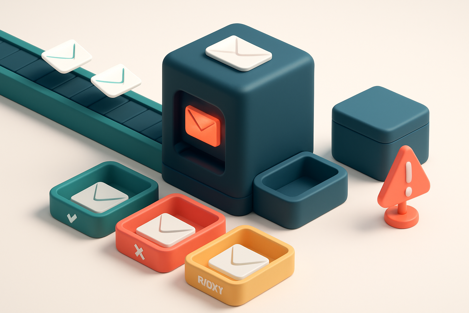 an isometric illustration showing a large email list represented as a conveyor belt moving through a central server mach