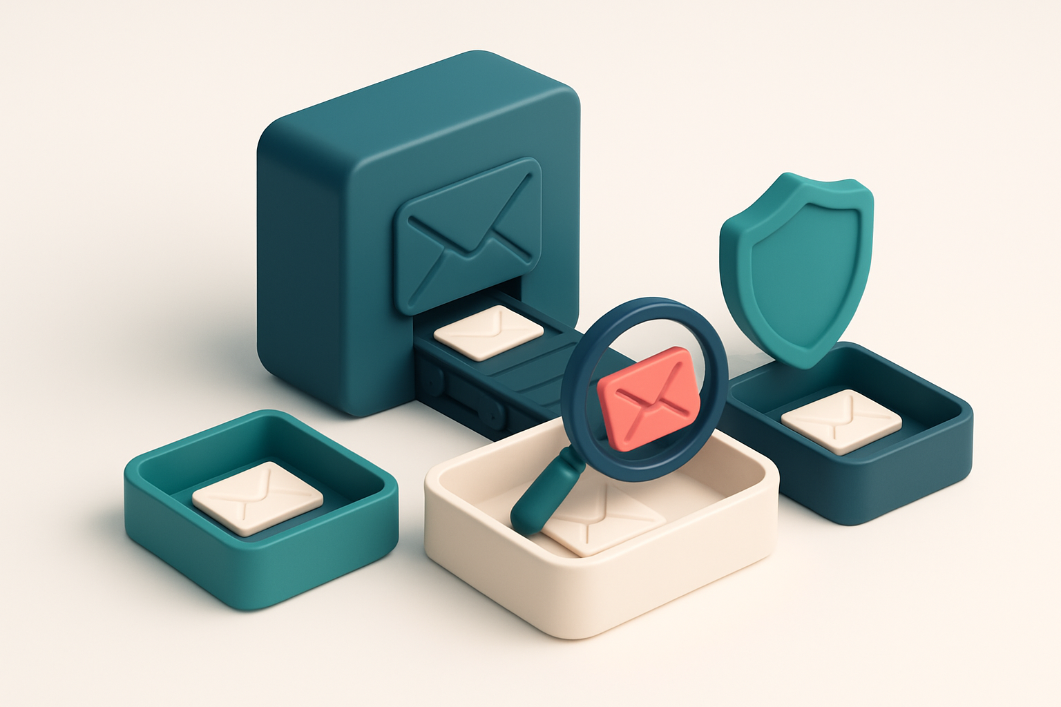An isometric illustration of a large email inbox with a conveyor belt feeding envelopes marked 'valid', 'invalid', and '
