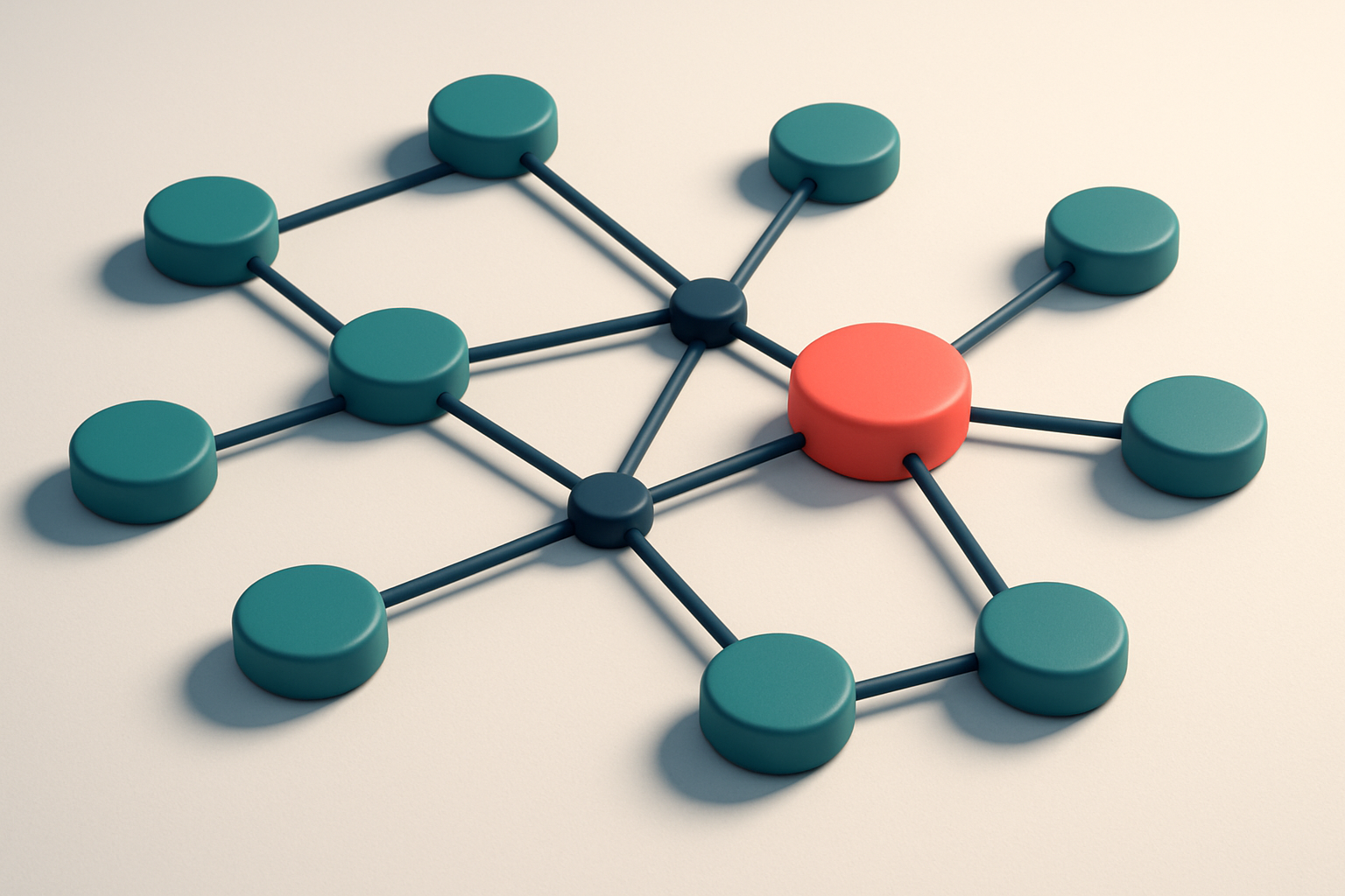 a network of small circular nodes connected by lines, with one node highlighted in red
