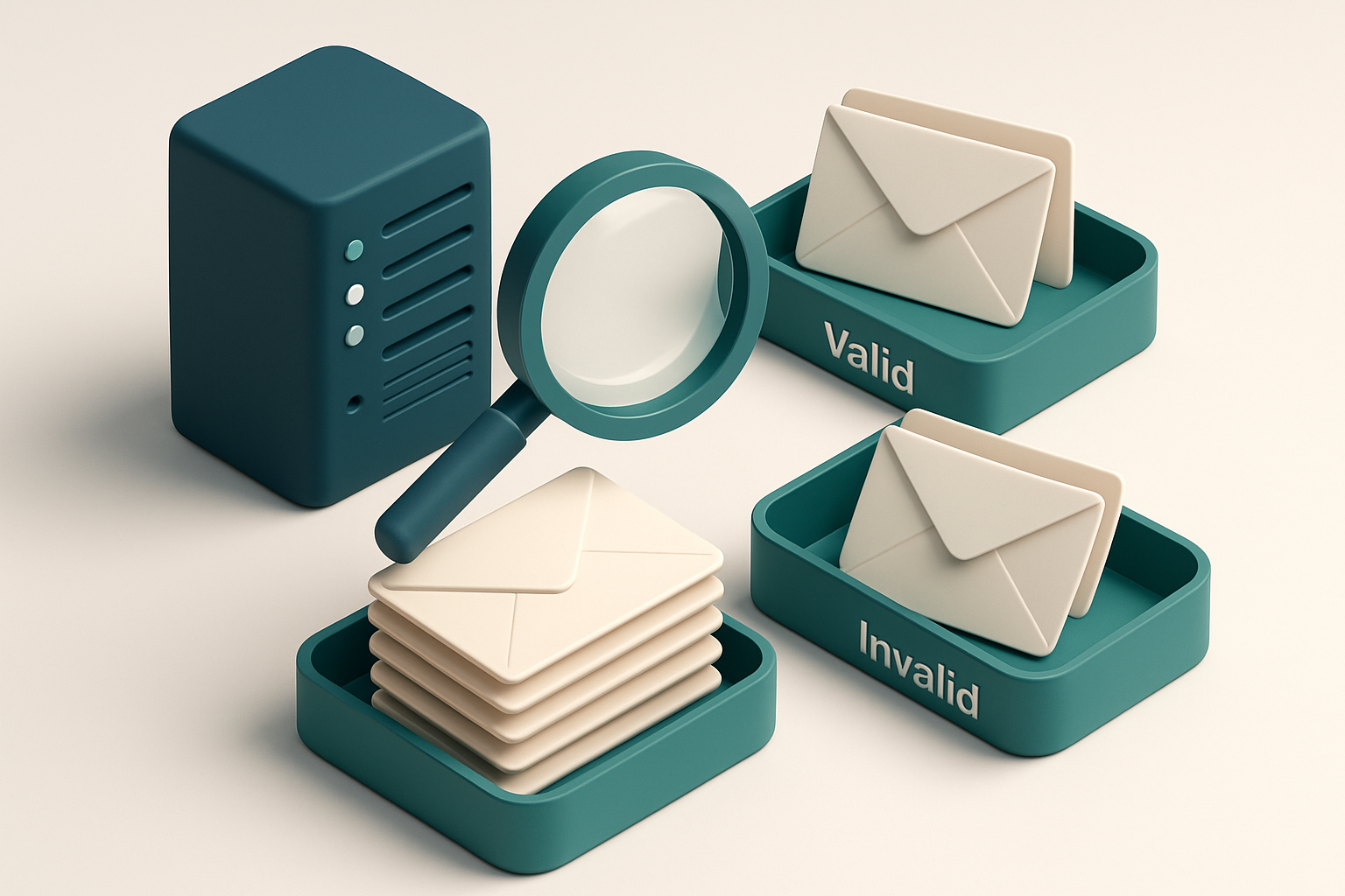 An isometric email inbox with envelopes being sorted onto a green 'valid' tray and a red 'invalid' tray, a magnifying gl