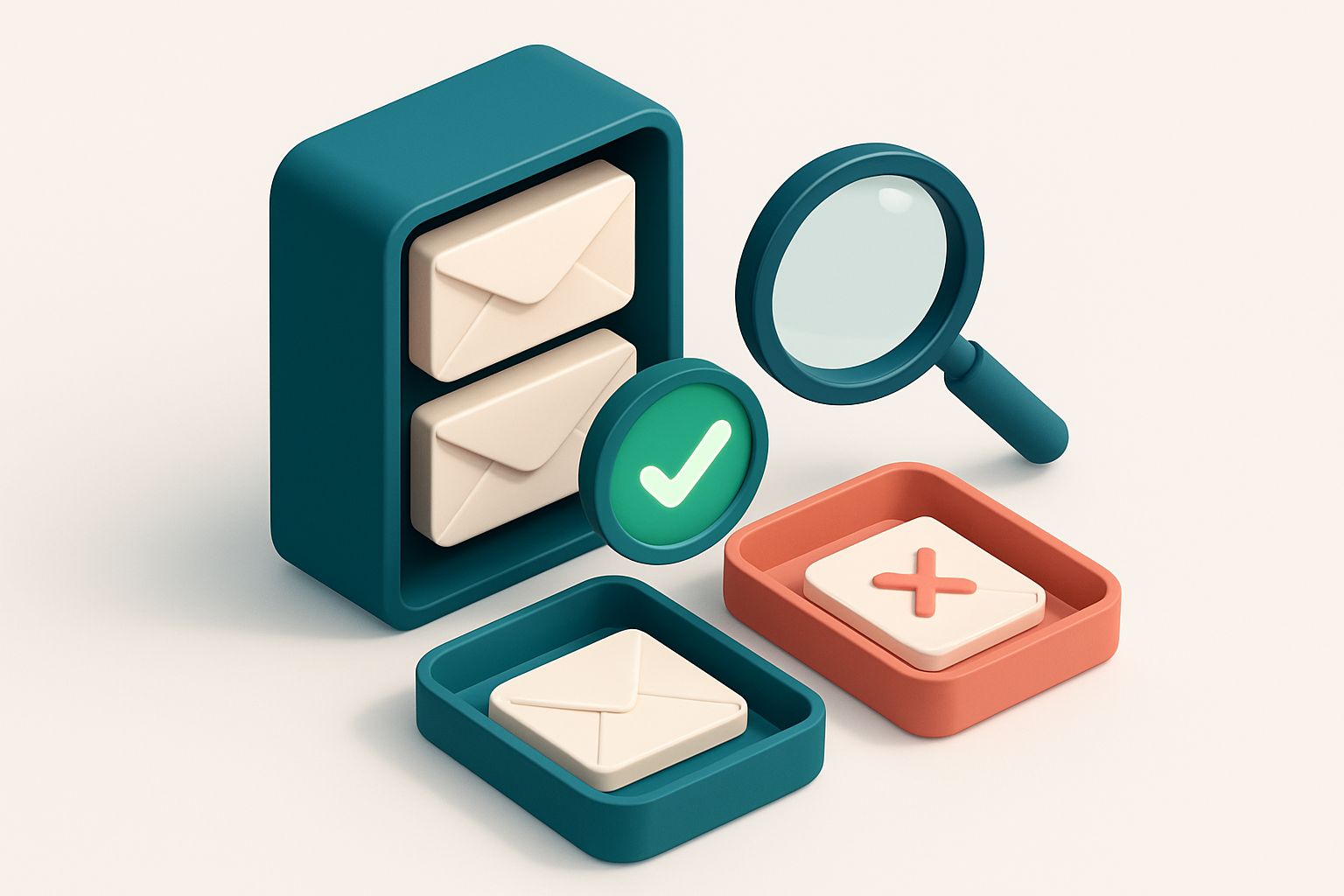 An isometric email inbox with envelopes being sorted onto a green 'valid' tray and a red 'invalid' tray, a magnifying gl