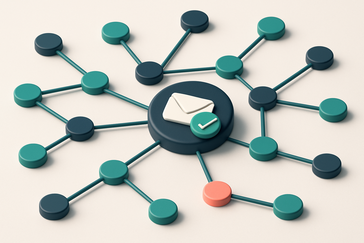 a network of small circular nodes connected by lines, representing a verified email list with active connections
