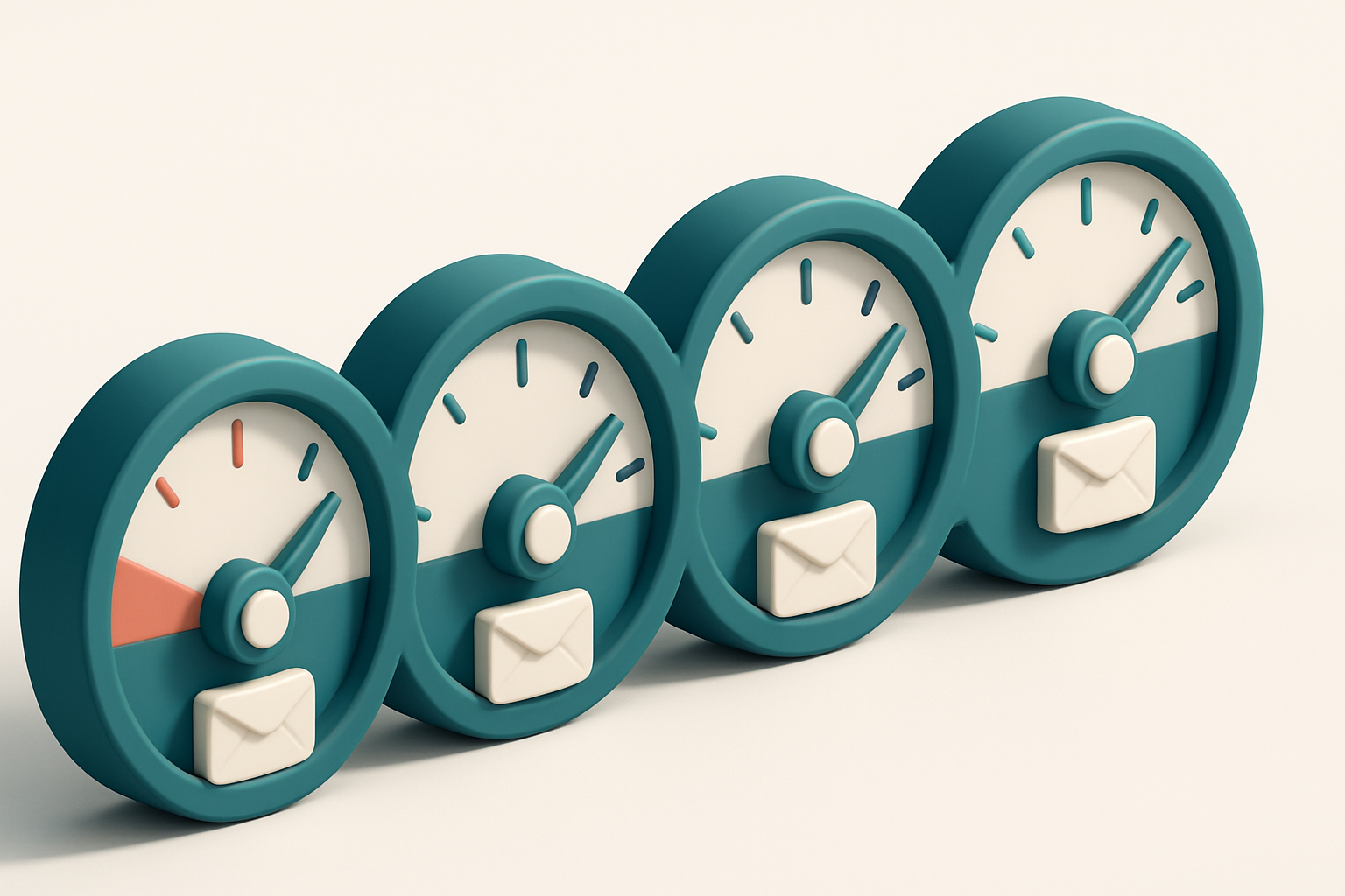 a row of four gauge dials showing email validity levels from red to green