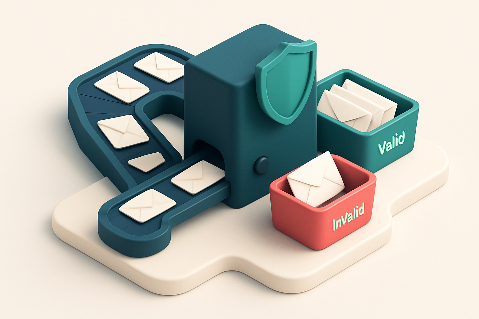 Hero: a 3D isometric illustration of a delivery logistics hub with conveyor belts moving envelopes labeled 'shipment ale