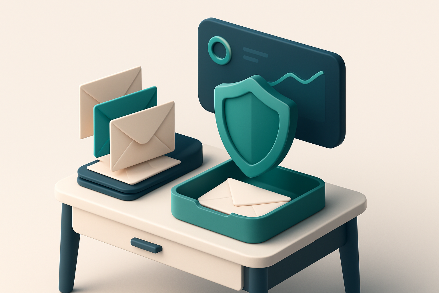An isometric office desk with a stack of envelopes labeled 'invalid', 'catch-all', and 'risky' being filtered out by a d