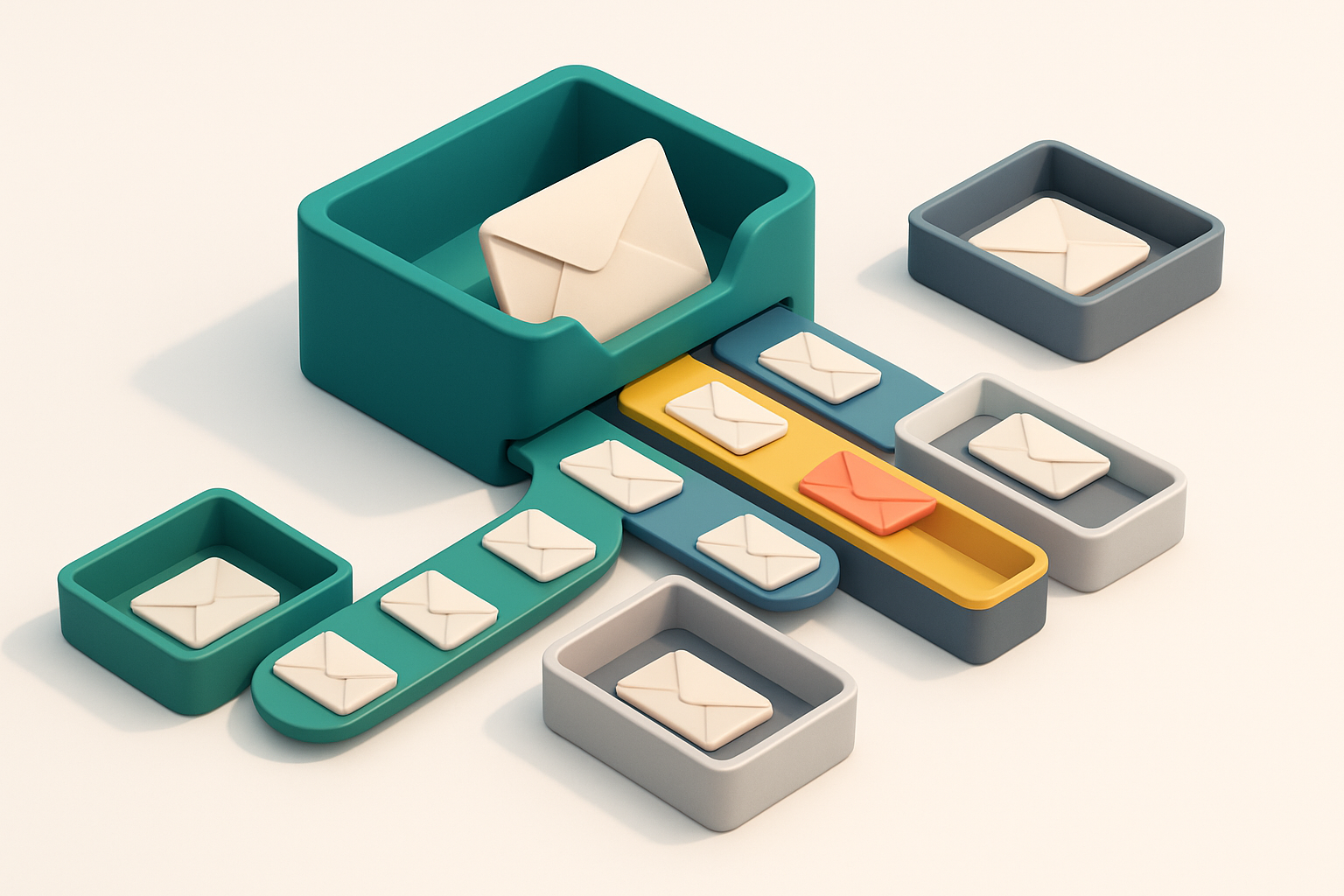 An isometric inbox with envelopes labeled 'valid', 'catch-all', 'risky', and 'invalid' being sorted by color-coded conve