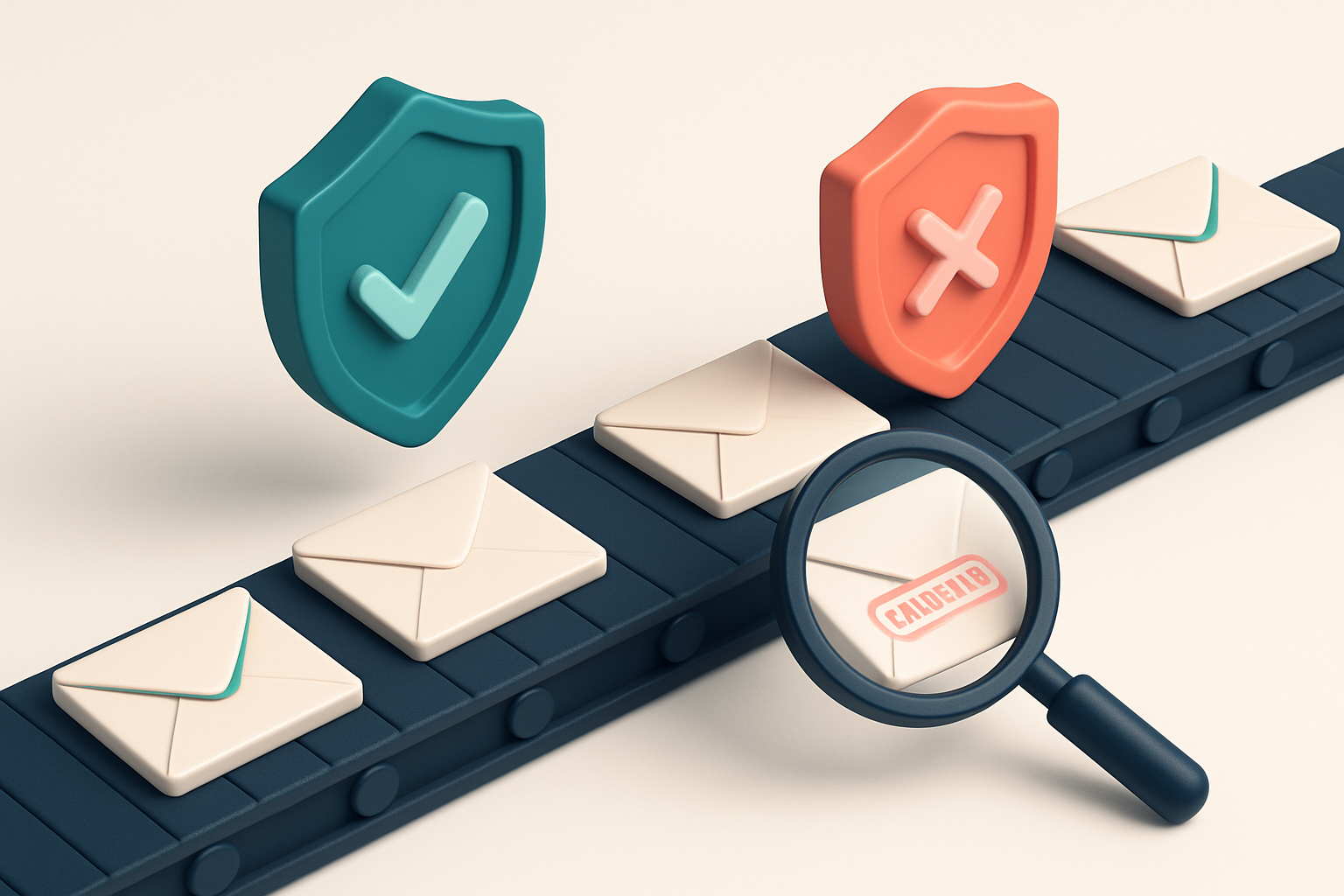 An isometric email list on a conveyor belt passing through a green shield labeled 'Valid' and a red shield labeled 'Inva