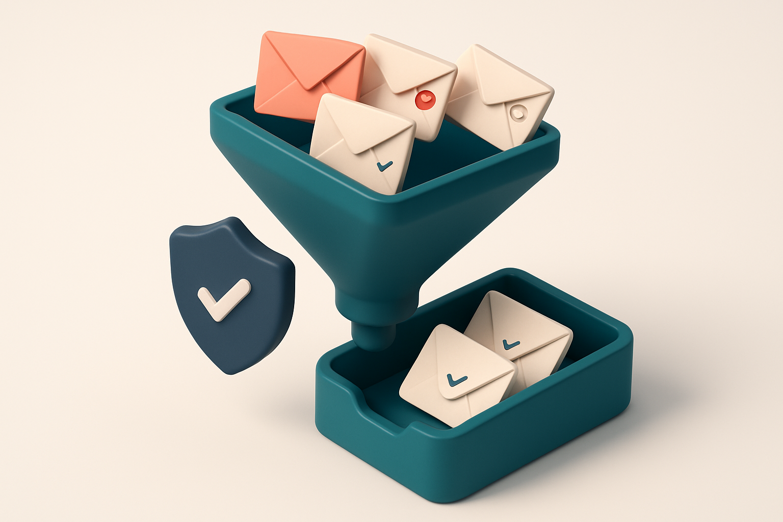 An isometric illustration of a 3D email funnel: a wide top labeled 'Outreach List' with mismatched envelopes (invalid, r
