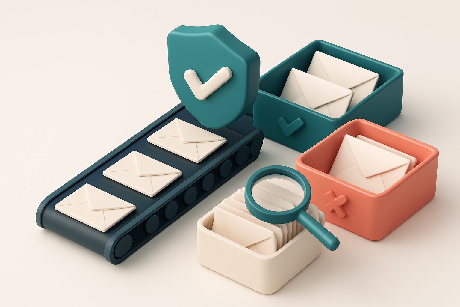 An isometric email inbox with envelopes being sorted onto a green 'valid' tray and a red 'invalid' tray, a conveyor belt
