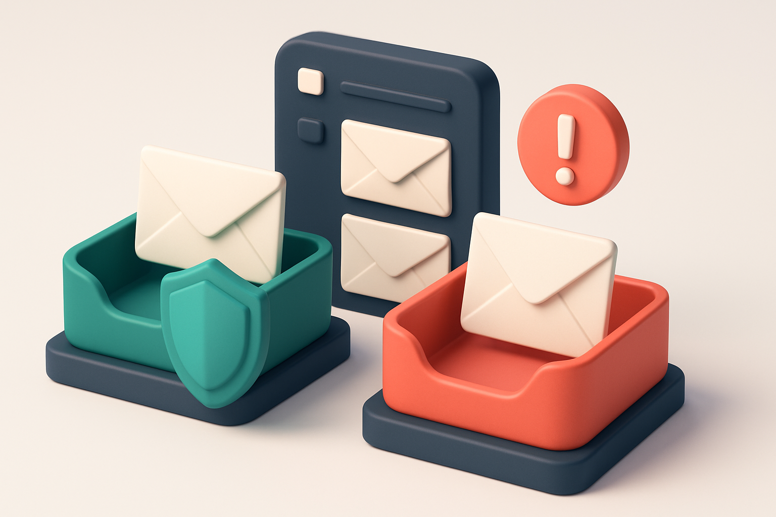 An isometric illustration of a 3D email inbox with envelopes being sorted into two trays: green 'valid' and red 'invalid