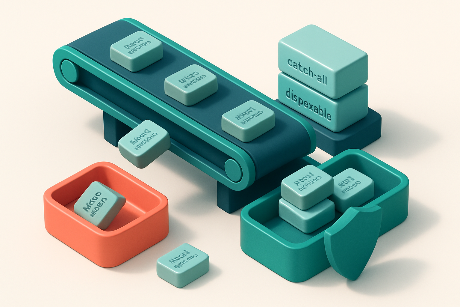 An isometric illustration of a factory floor conveyor belt transporting metal parts, with each part labeled as 'email ad