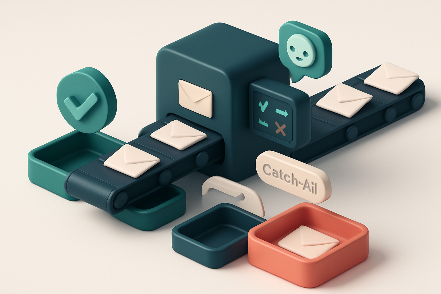 An isometric view of a conveyor belt moving envelopes through a machine: green 'valid' trays accept some; red 'invalid'