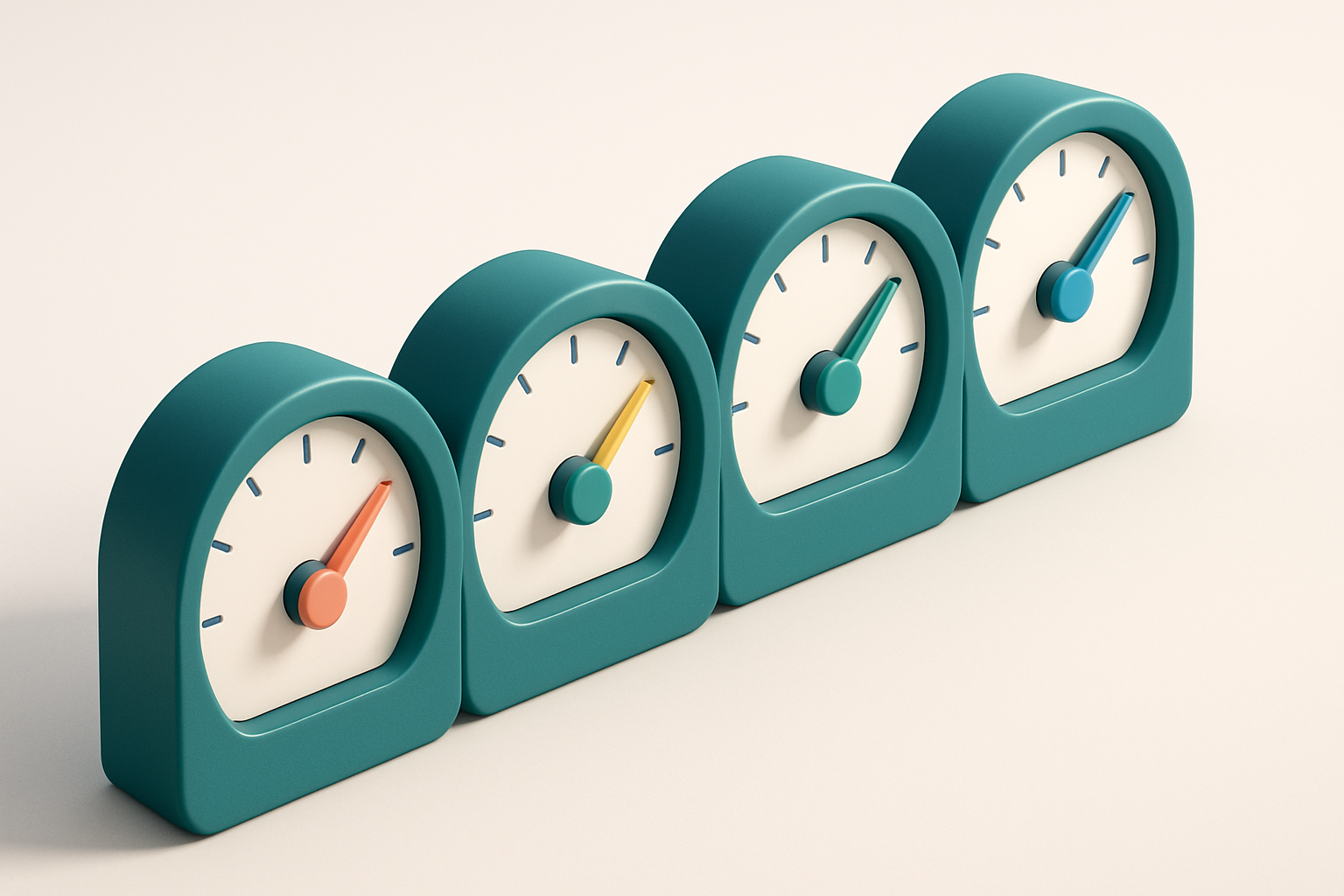 a row of four gauges, each with a different colored needle (red, yellow, green, blue)