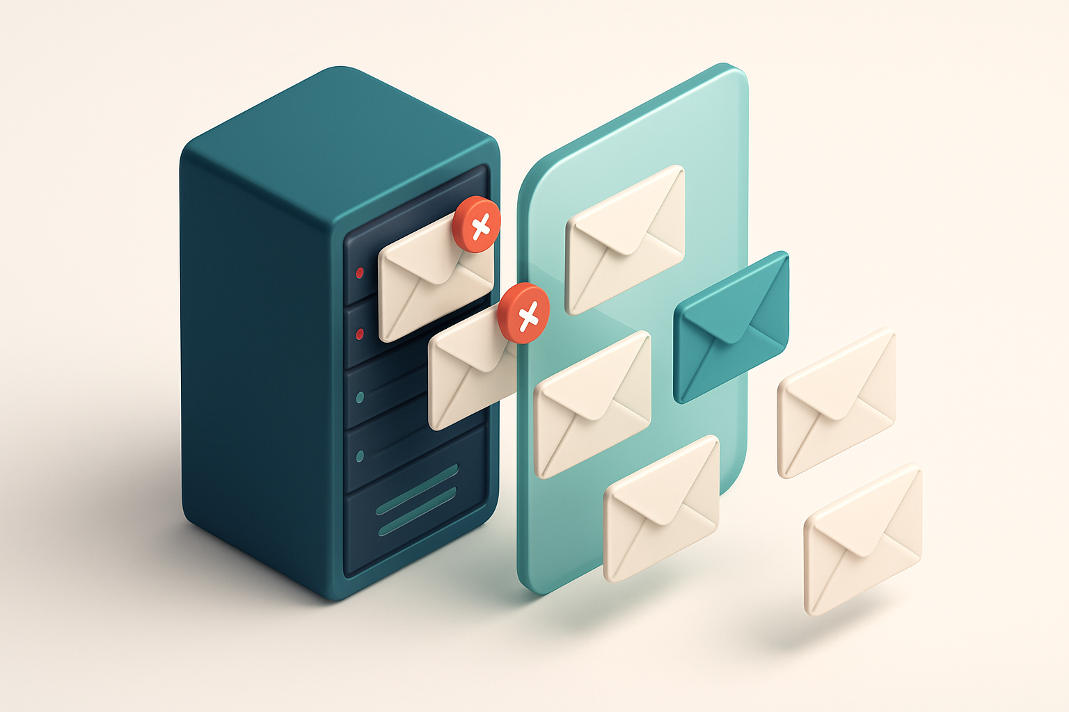 An isometric server rack with outgoing email envelopes being sent through a glass shield labeled 'TLS Encrypted', some e