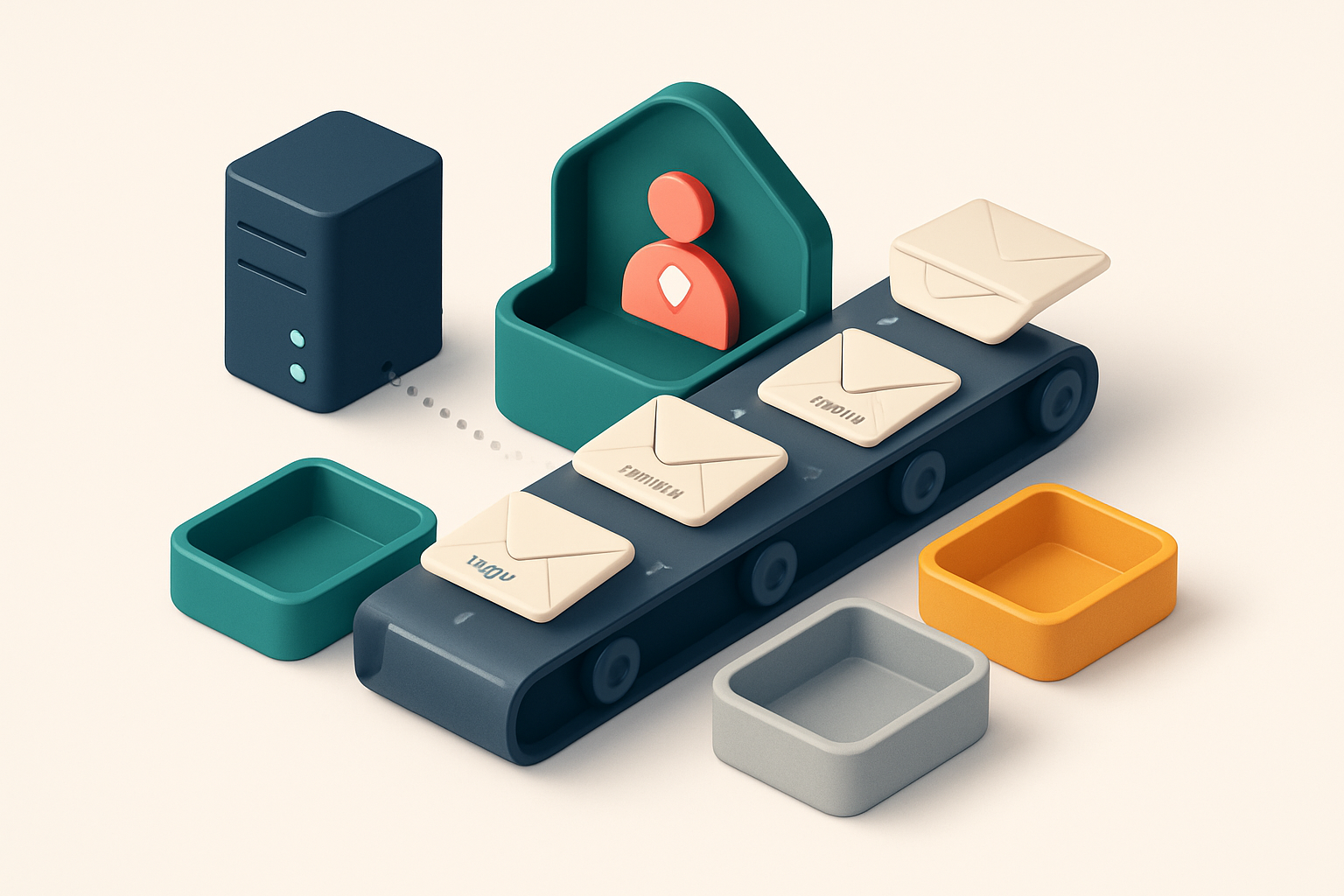 An isometric illustration of a real estate agent's inbox with envelopes labeled 'valid', 'invalid', 'catch-all', and 'ri