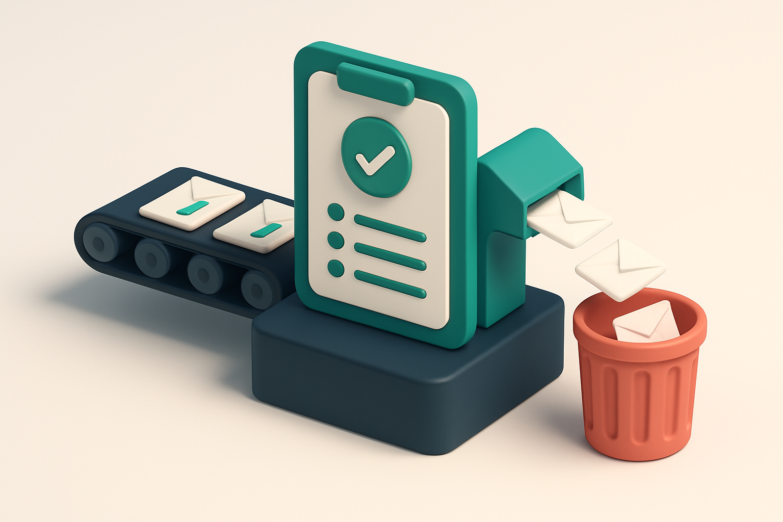 An isometric desk with a green checklist and red trash bin. A conveyor belt moves envelopes labeled 'Valid' to the green