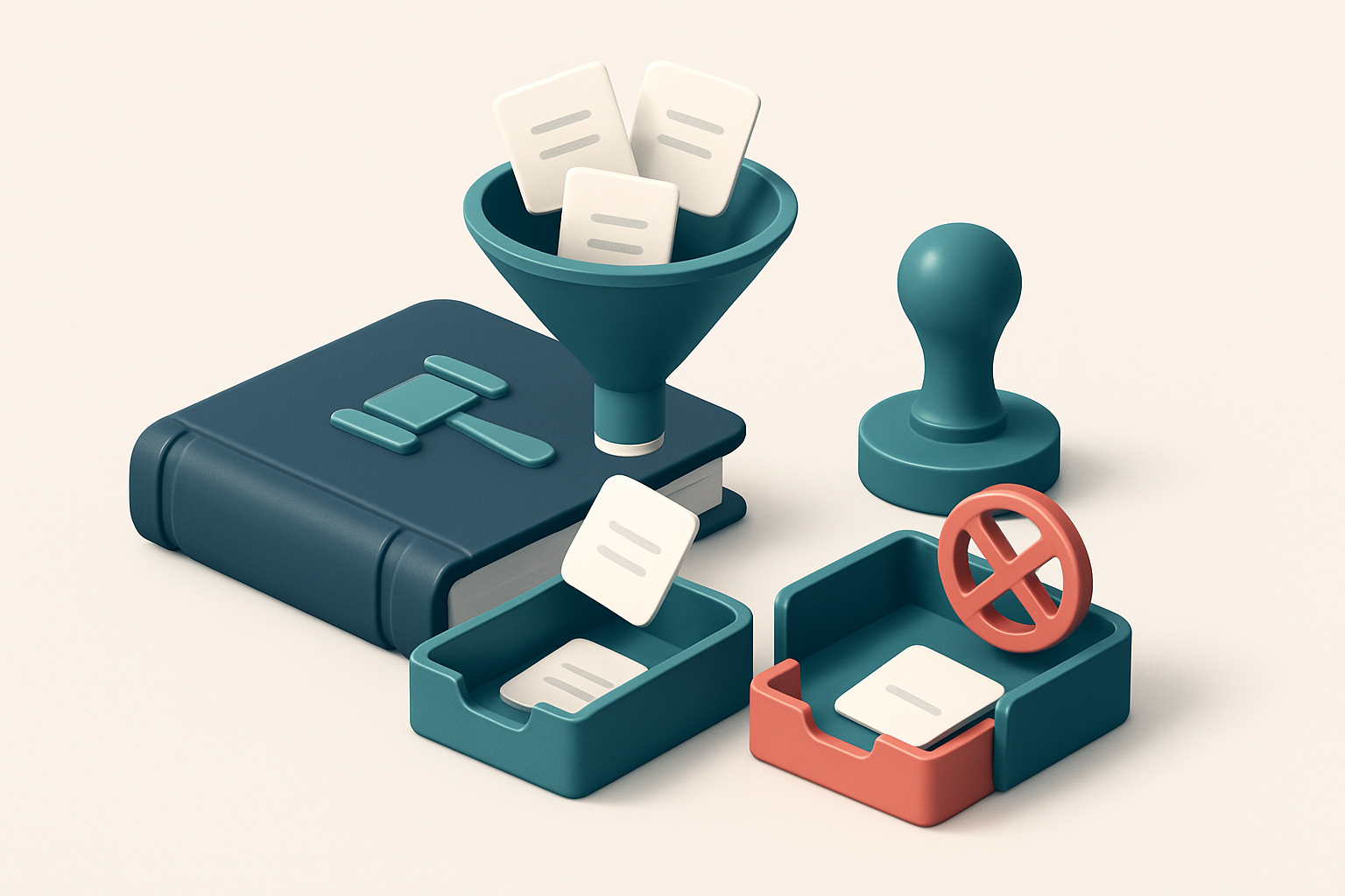 An isometric legal ledger with a funnel on top, funneling paper slips labeled 'lead', 'contact', and 'email' into two tr