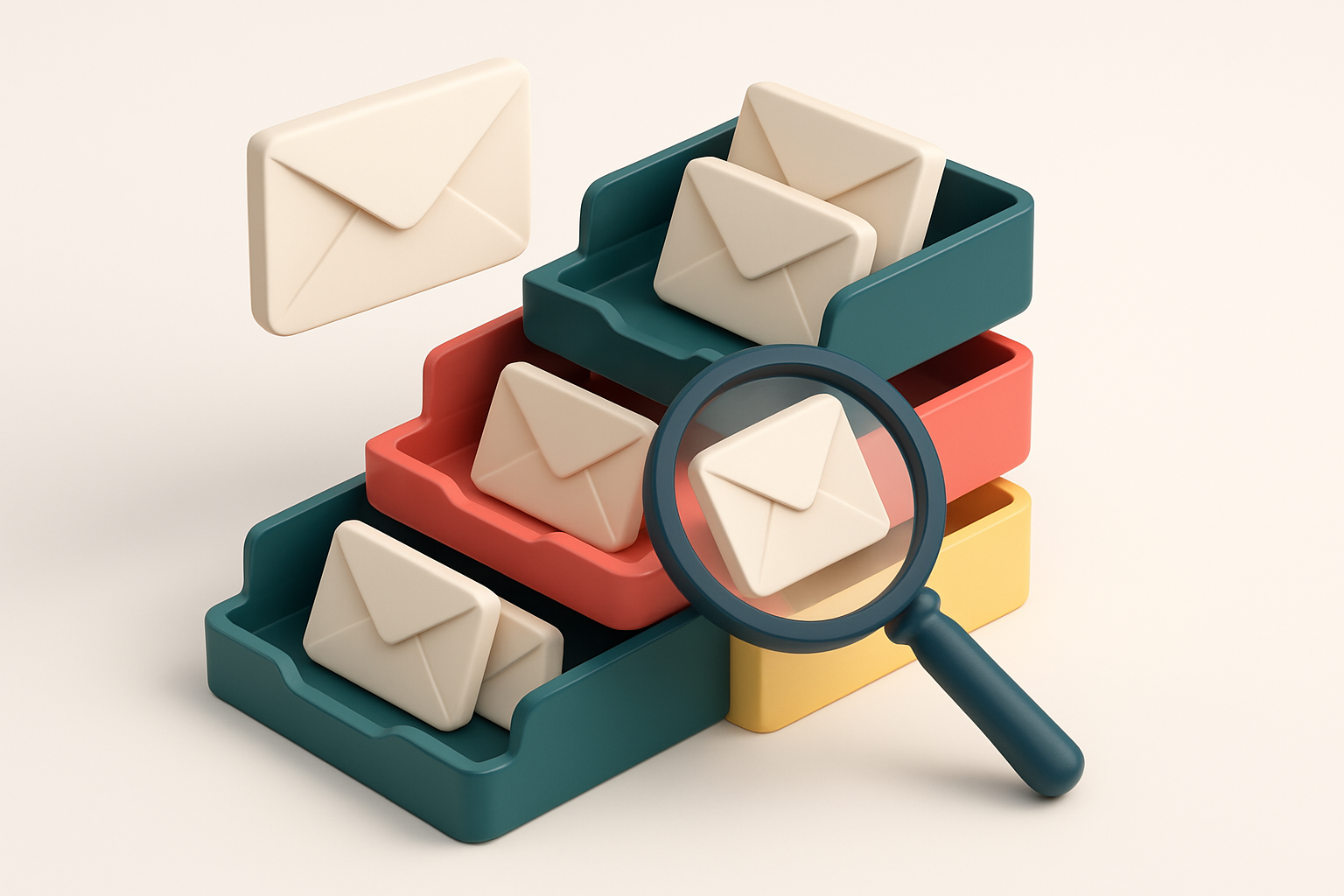 an isometric email inbox with envelopes sorted into three trays: green (valid), red (invalid), and yellow (risky), a mag