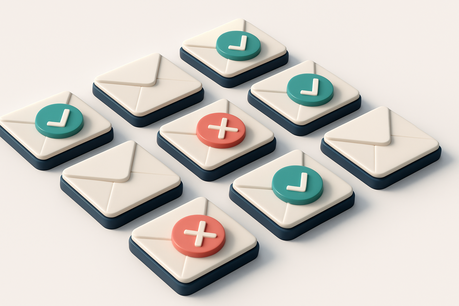 a grid of envelope icons with checkmarks on some and red Xs on others