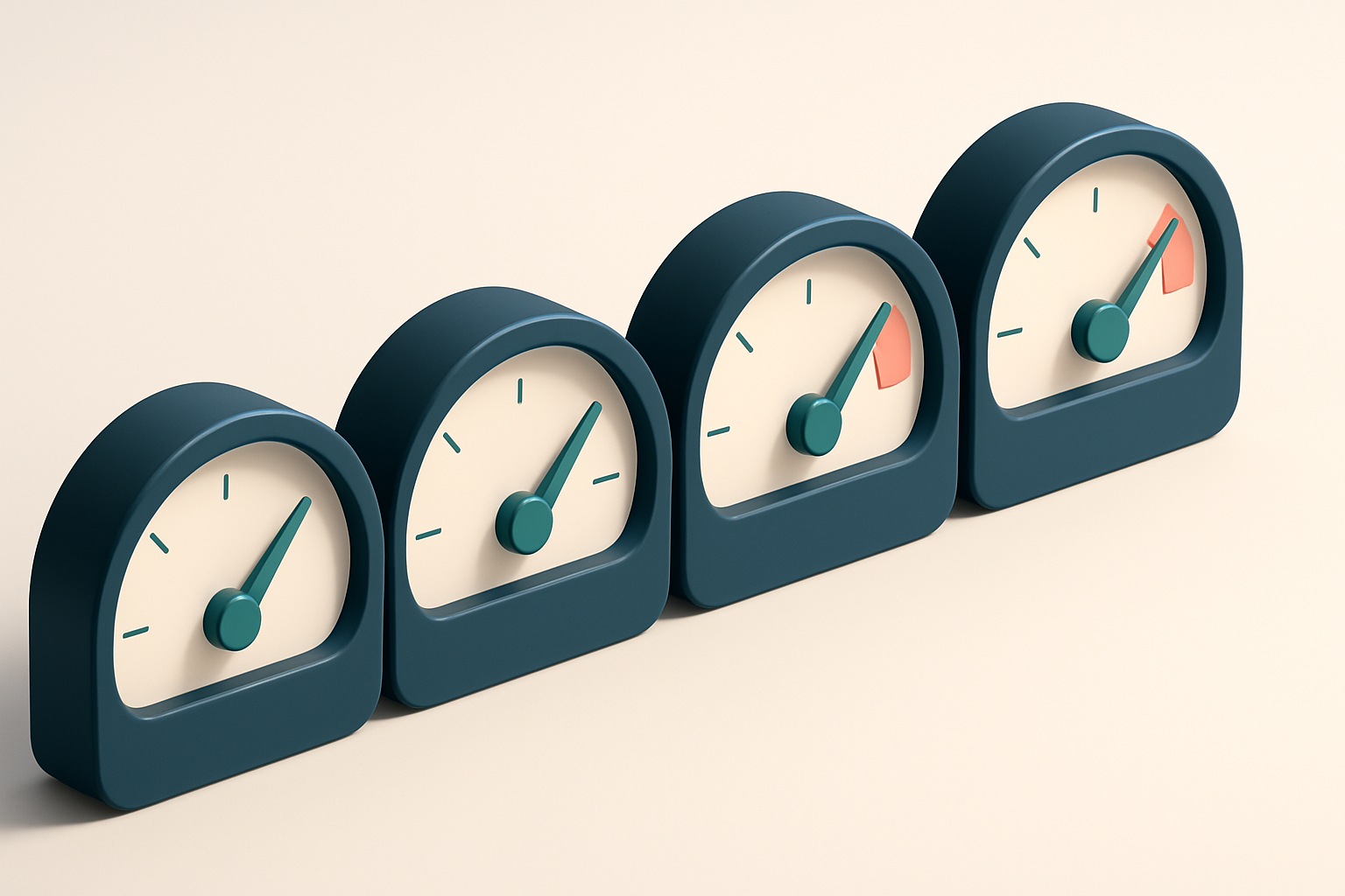 A row of four gauges, each labeled with a different metric: bounce rate, deliverability, response rate, and sender reput