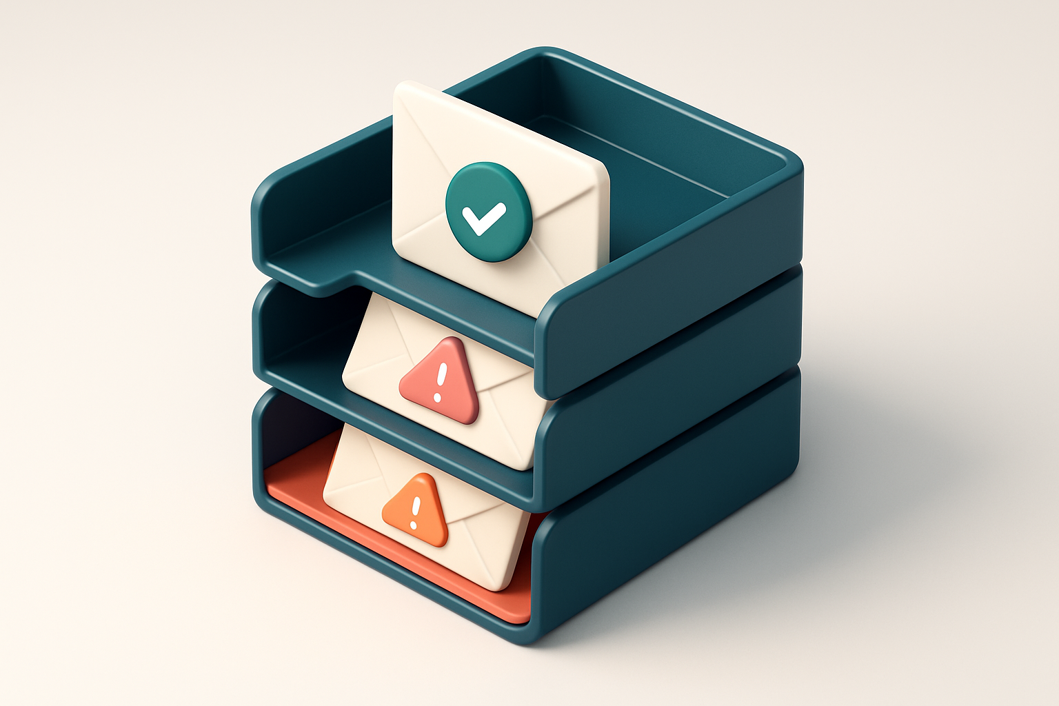 An isometric illustration of a metal email inbox with envelopes sorted into three trays: green for valid emails, red for
