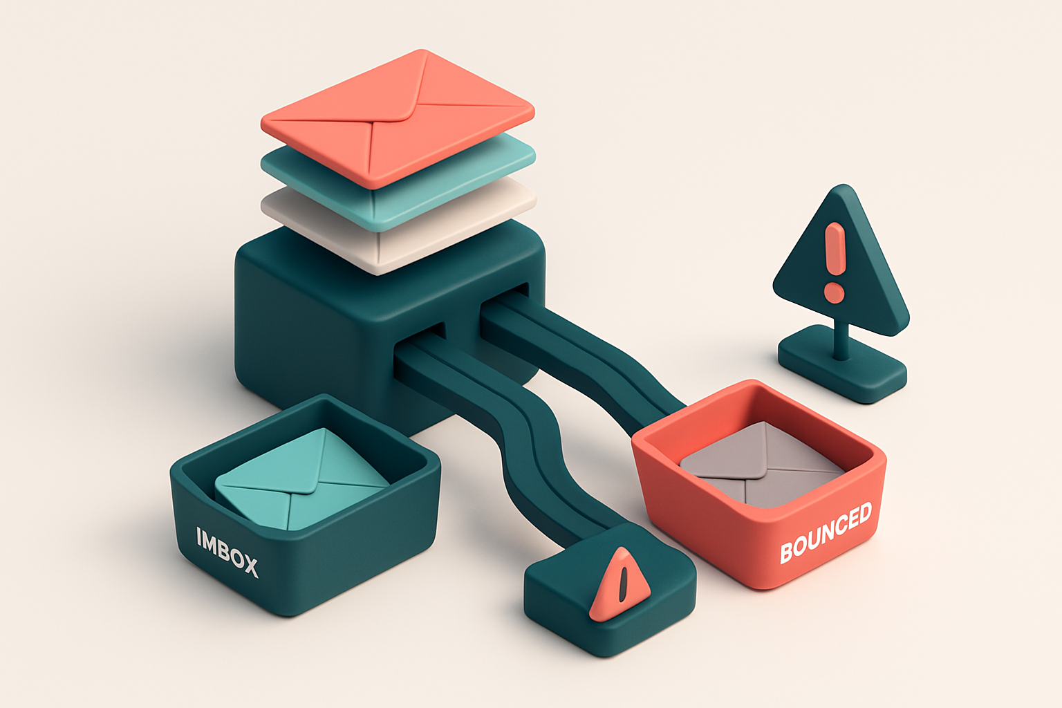 An isometric illustration of a donor outreach funnel: a stack of colored envelopes labeled 'valid', 'catch-all', 'invali