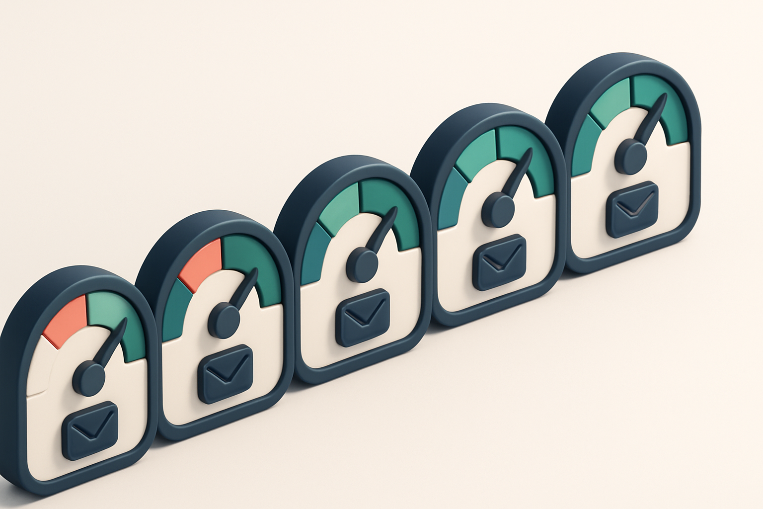 A row of five gauges, each showing progress from low to high, representing different stages of email validation and deli
