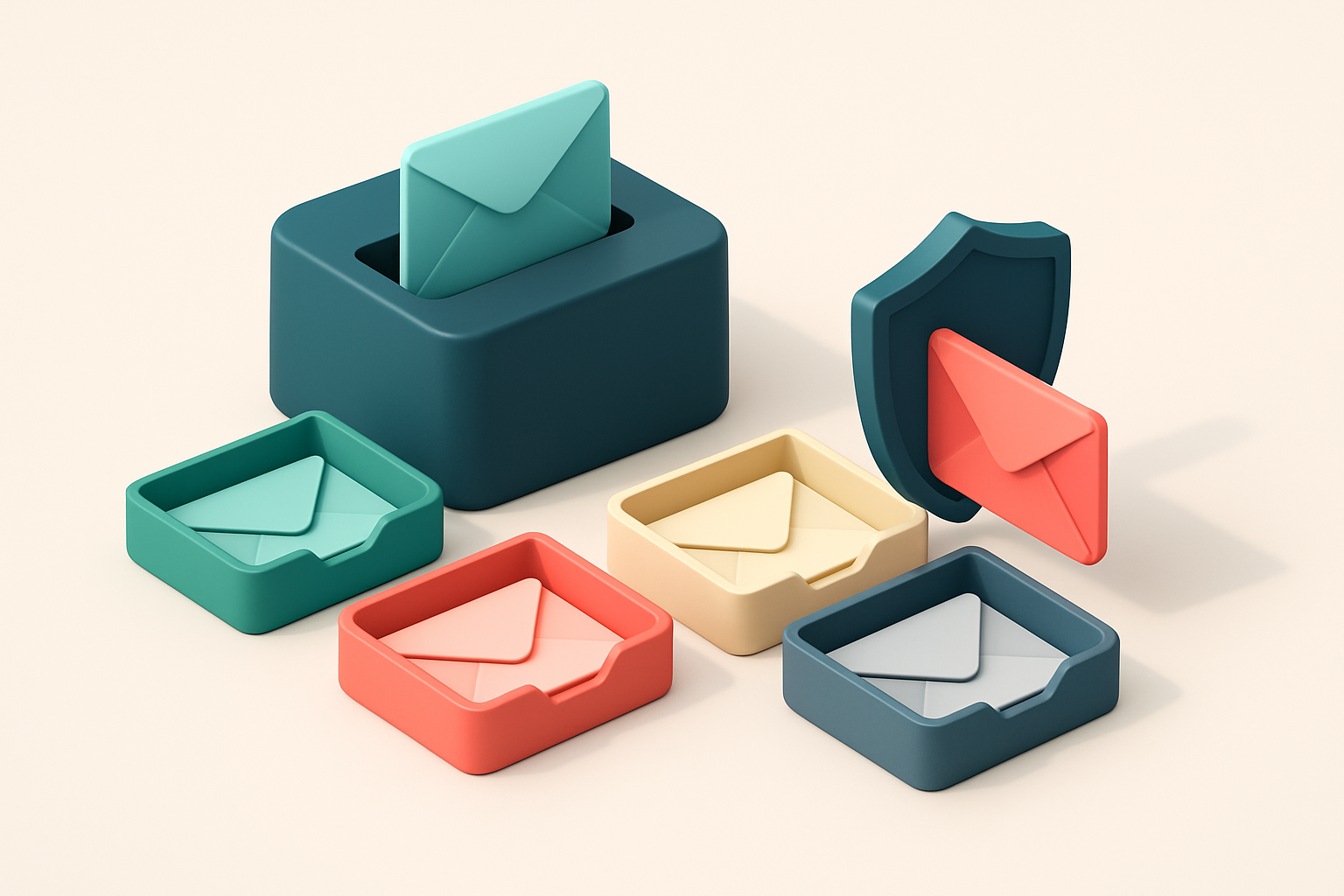 An isometric email inbox with envelopes sorted into labeled trays: green 'Valid', red 'Invalid', yellow 'Catch-all', and