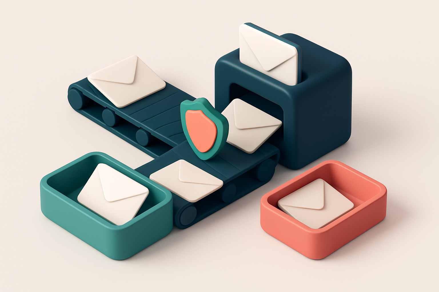 An isometric email inbox with envelopes being sorted by a conveyor belt: green 'valid' tray pulls in clean addresses, re