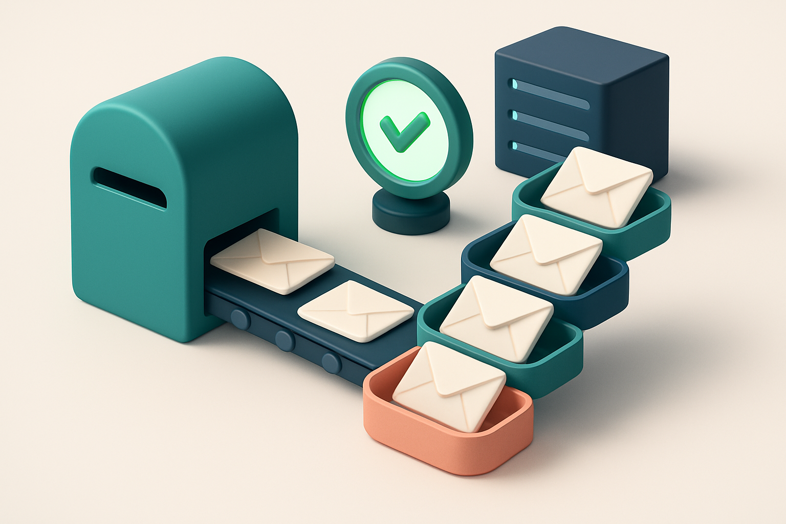 an isometric digital mailbox with a conveyor belt transporting envelopes marked with 'valid', 'invalid', 'catch-all', an