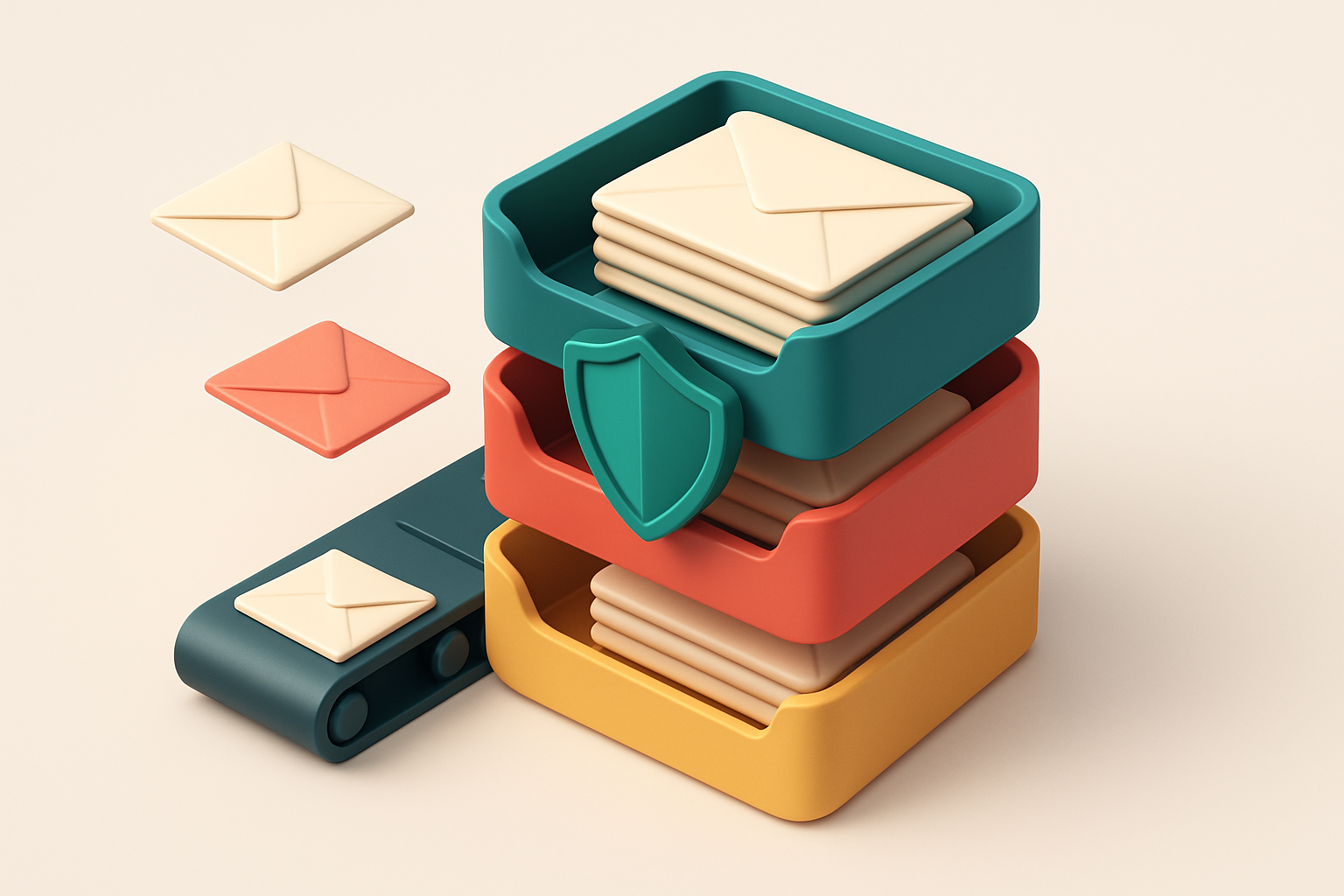 An isometric inbox stack with envelopes sorted into three trays: green 'valid', red 'invalid', and yellow 'risky'. A shi