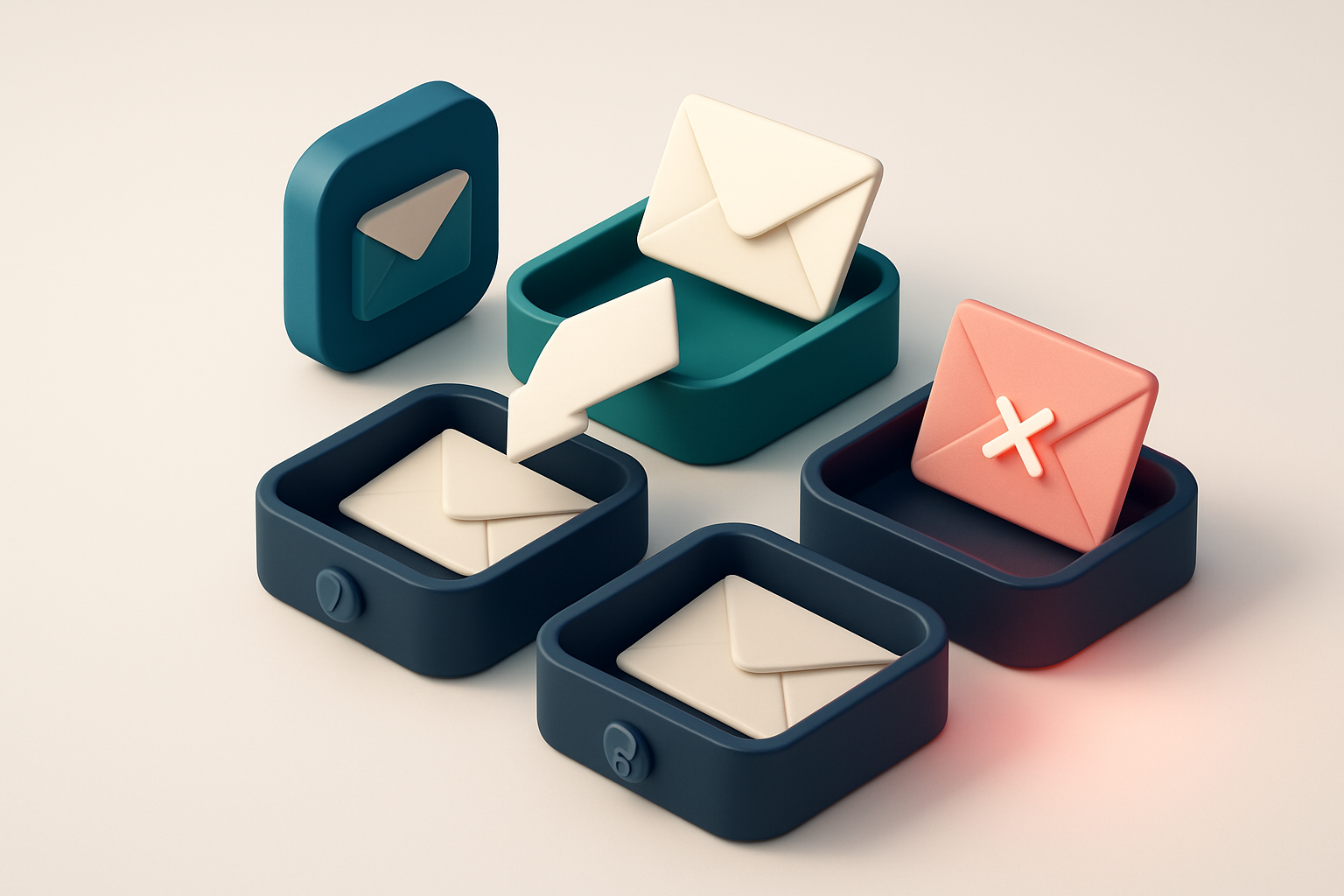 An isometric email inbox with envelopes being sorted onto a green 'valid' tray and a red 'invalid' tray, a dark-blue 'ca