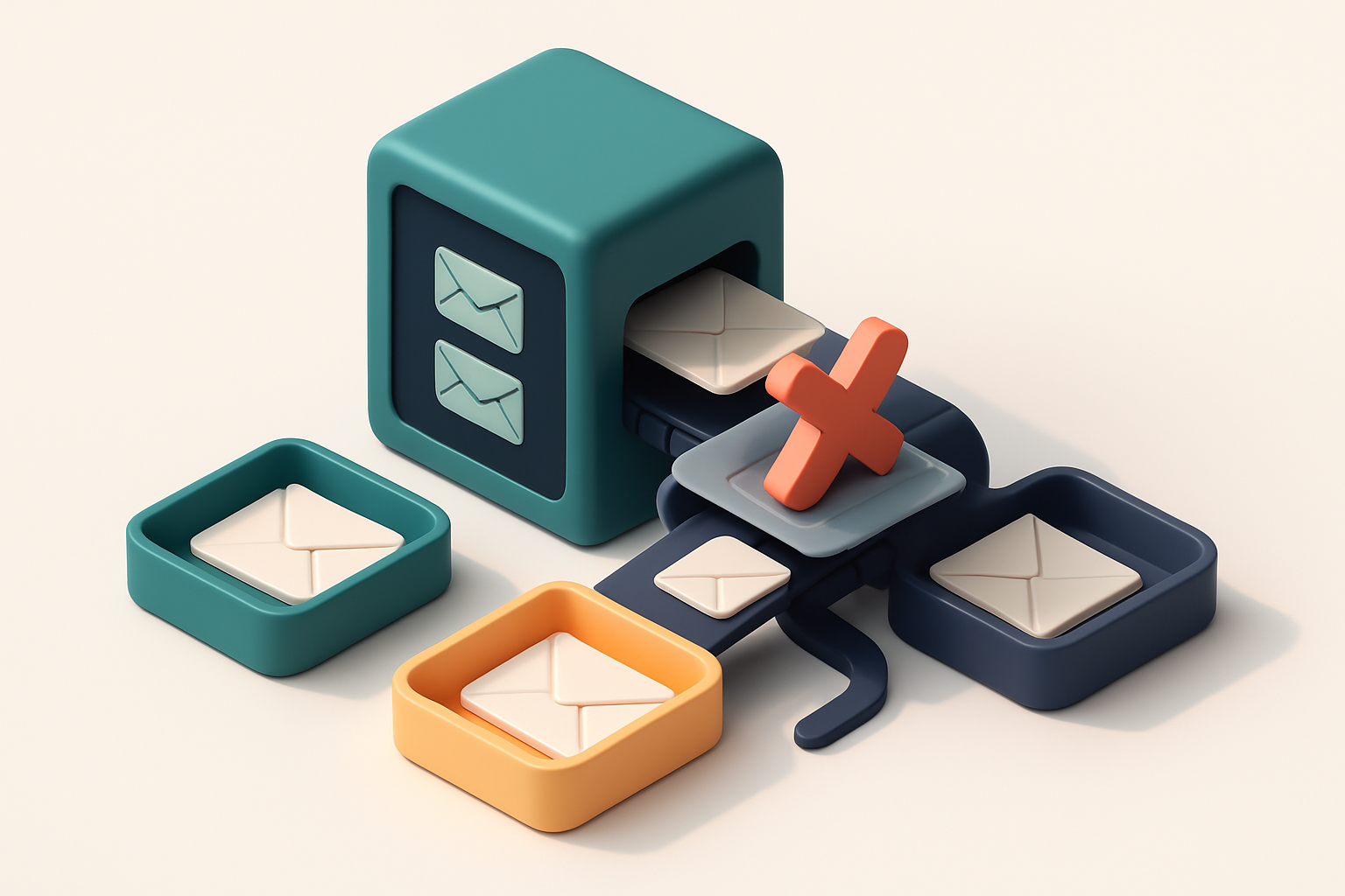 An isometric email inbox with envelopes being pushed through a conveyor belt: one side leads to a green 'valid' tray, an