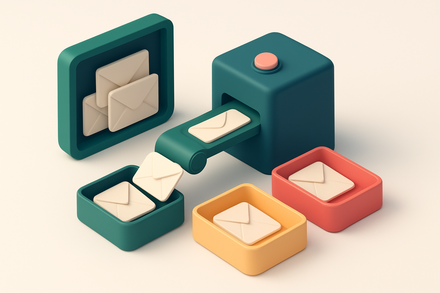 An isometric email inbox with envelopes being sorted by an automated system: valid addresses go to a green 'Deliverable'