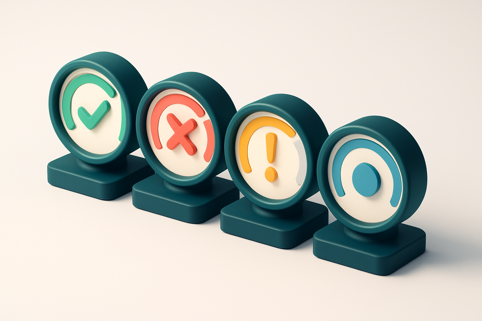 a row of four gauges, each showing a different validation status: green (valid), red (invalid), yellow (risky), blue (ca