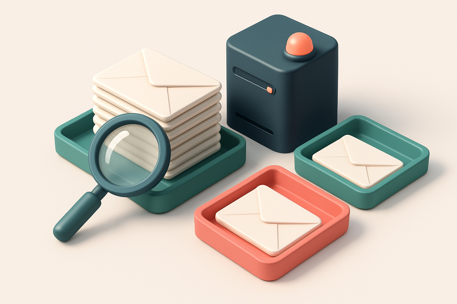 An isometric email inbox with envelopes being sorted onto a green 'valid' tray and a red 'invalid' tray, a magnifying gl