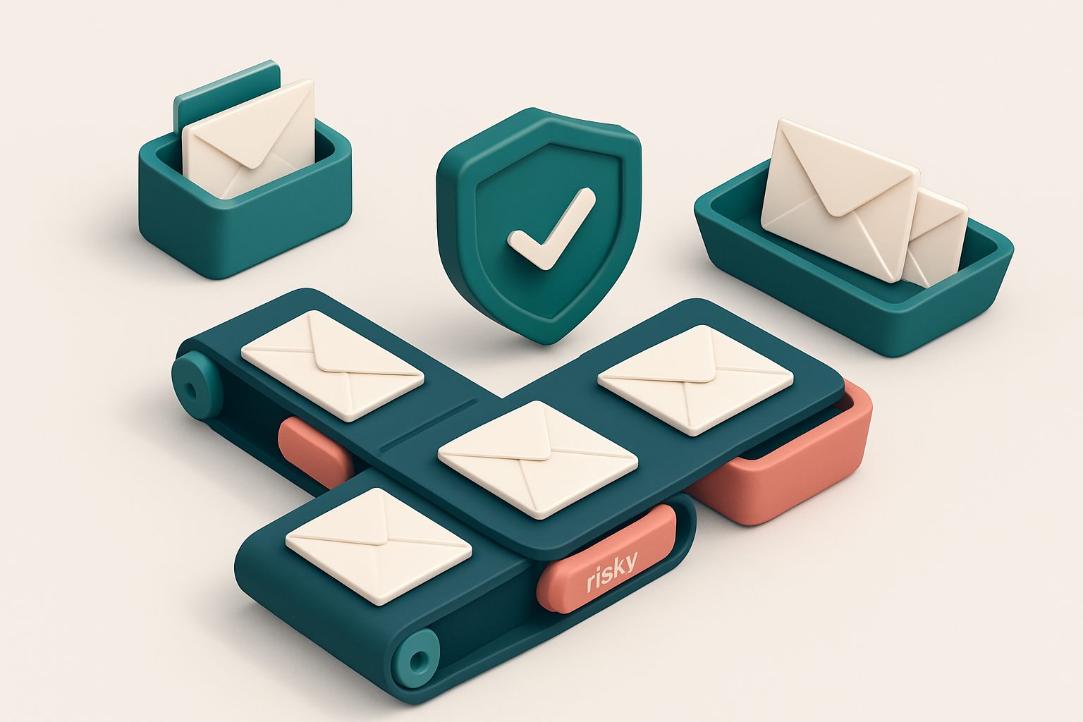 An isometric email inbox with envelopes being sorted onto a green 'valid' tray and a red 'invalid' tray, a conveyor belt