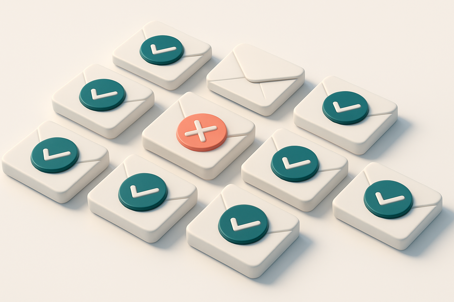 a grid of envelope icons, each marked with a checkmark or red X