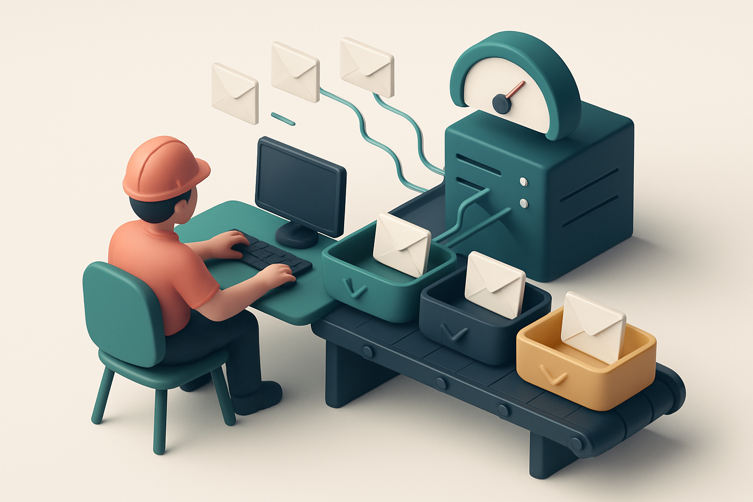 An isometric scene of a construction site manager sitting at a desk, with a conveyor belt feeding envelopes into three l