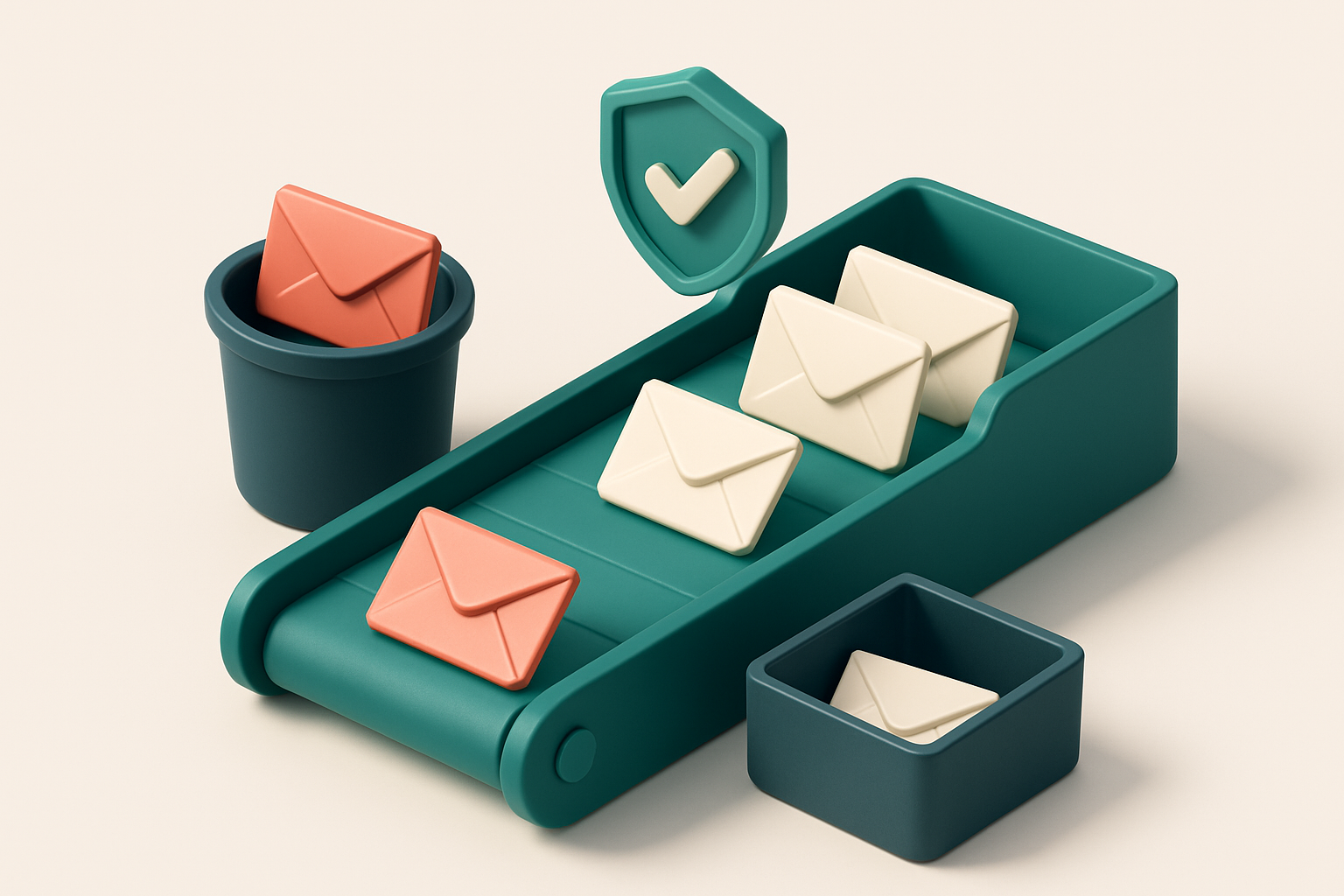 An isometric digital workspace with a green conveyor belt sorting envelopes labeled 'valid' into a box marked 'inbox-rea