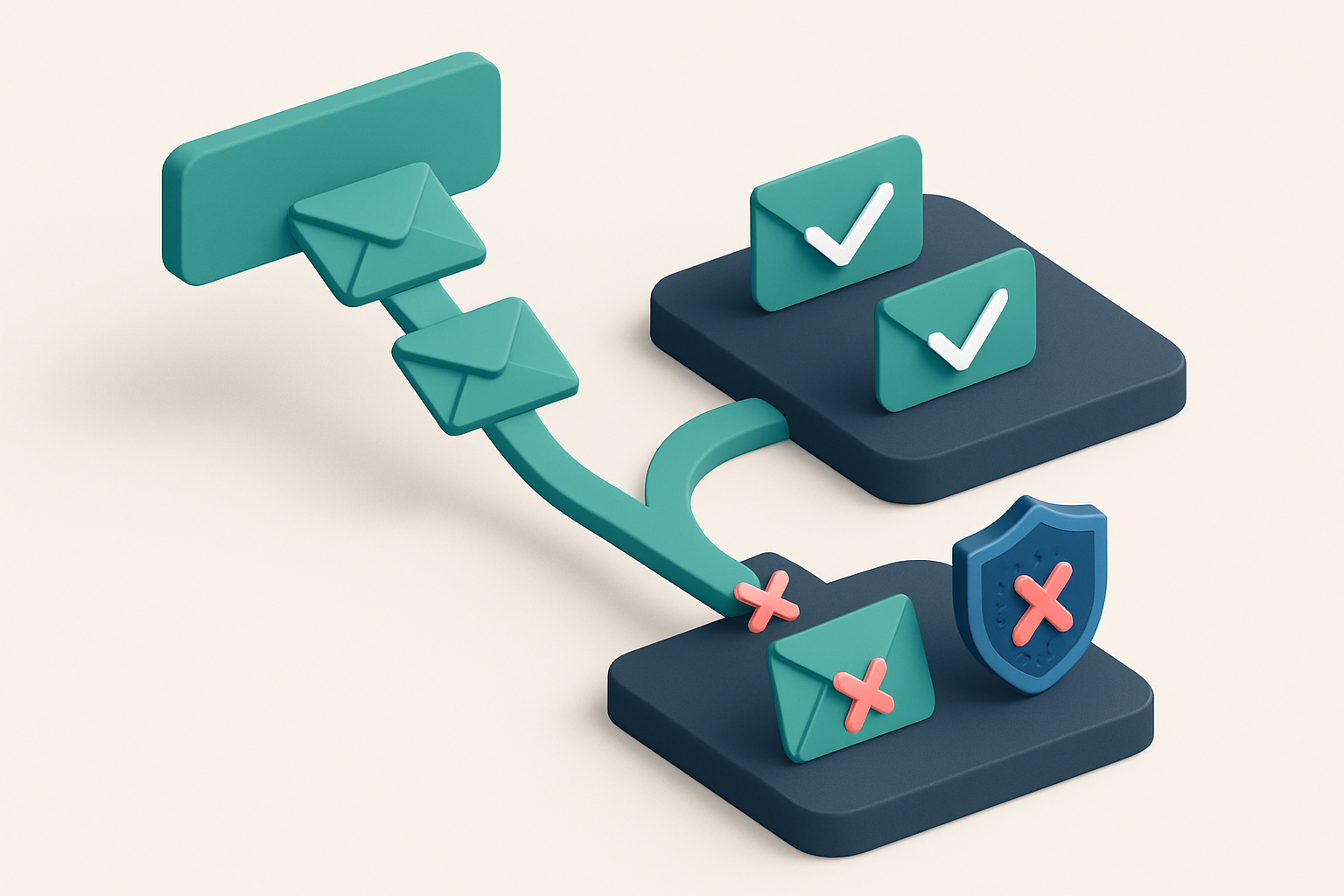 An isometric email delivery funnel with envelopes flowing from a 'Seasonal Promotions' label, splitting into two paths: